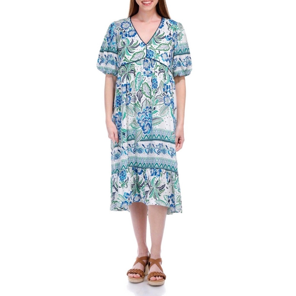 Fig + Flower Blue Green Floral Linen Blend Midi Dress‎ V-Neck Puff Sleeve M